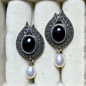 Vintage Onyx, Pearl, and Marcasite Earrings